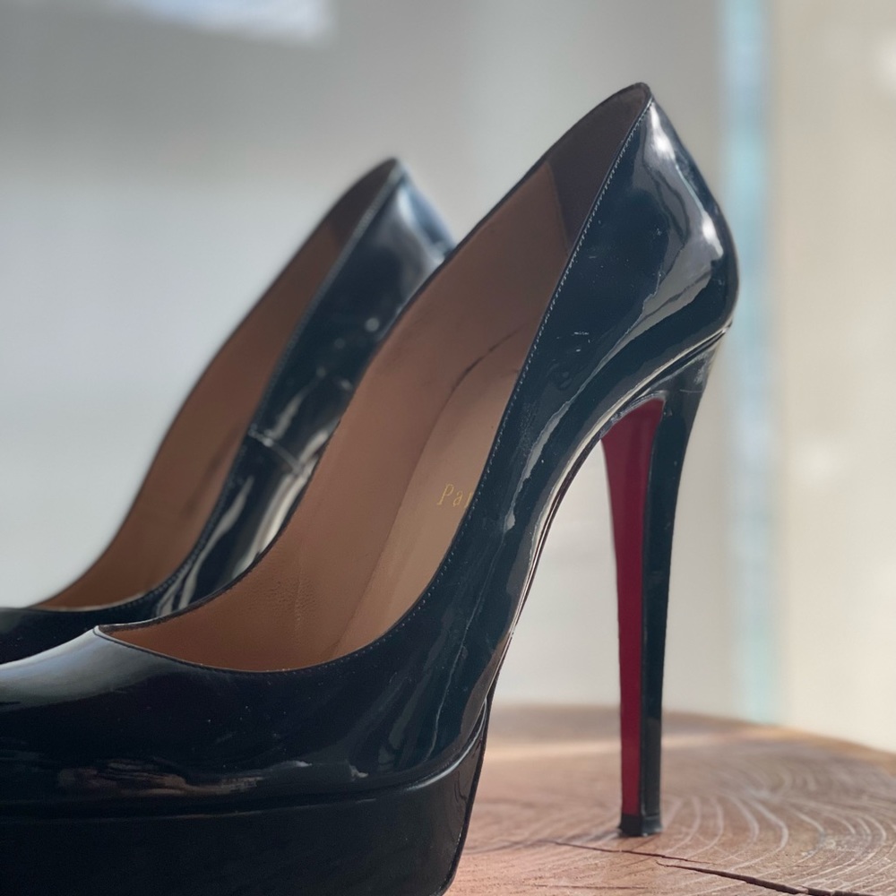 Christian Louboutin Black Patent Leather Round Toe Pumps Platforms